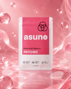 Asuno Hormonal Balance Patches pouch on a pink background with clear patch discs