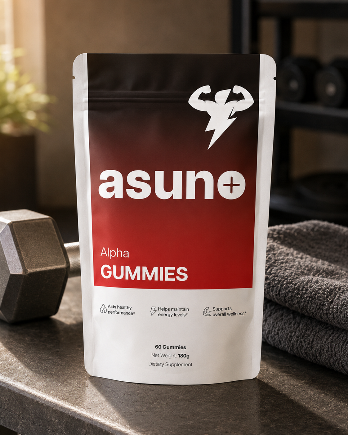 Asuno Alpha Gummies pouch on a home gym bench with a dumbbell and towel