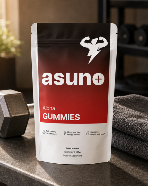 Asuno Alpha Gummies pouch on a home gym bench with a dumbbell and towel