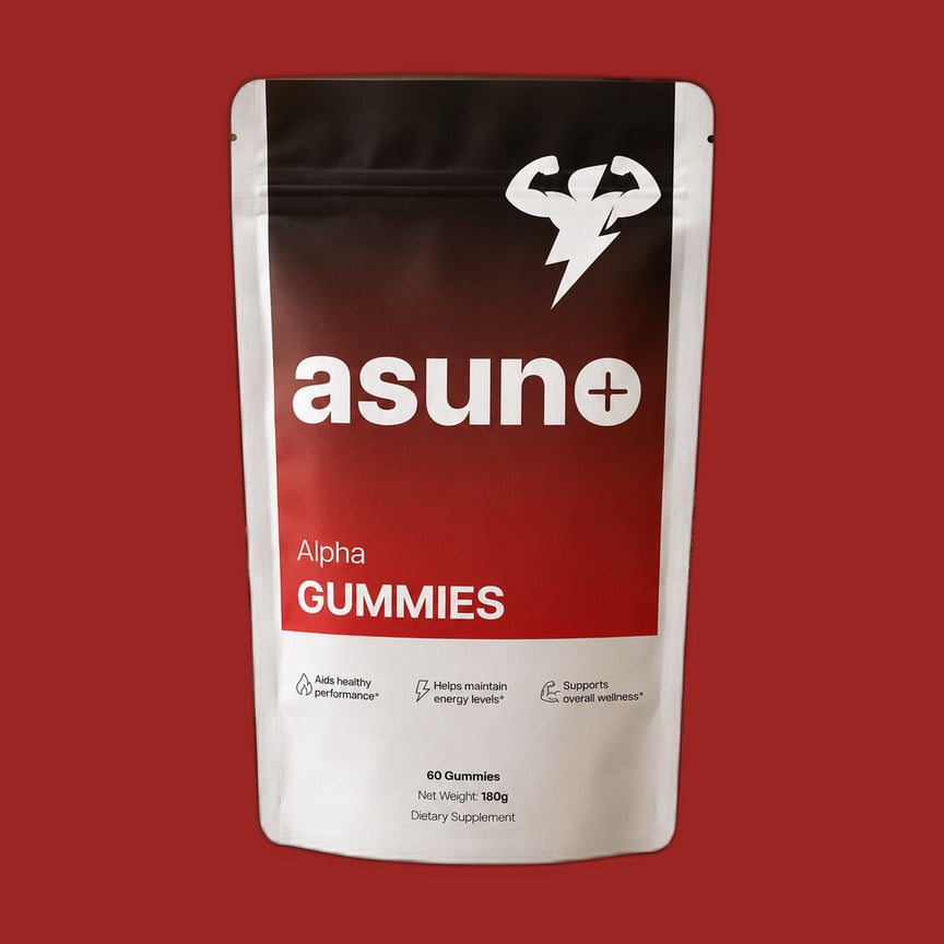 Asuno Alpha Gummies pouch on a red background