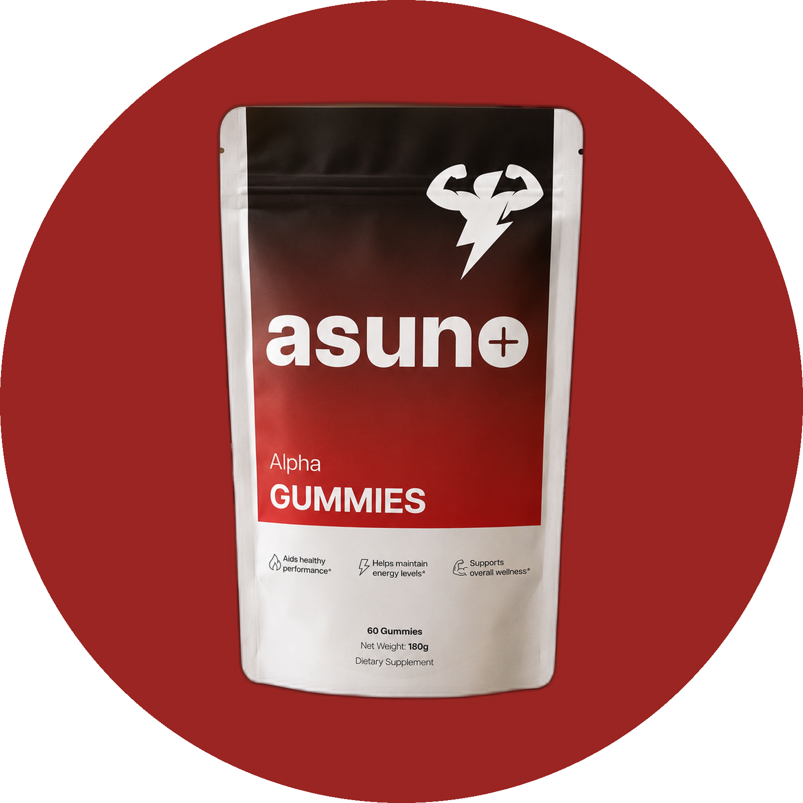 Asuno Alpha Gummies pouch on a red circle