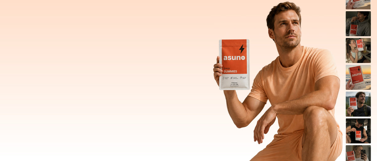 Asuno Energy Gummies pouch held by a man, with customer photos alongside