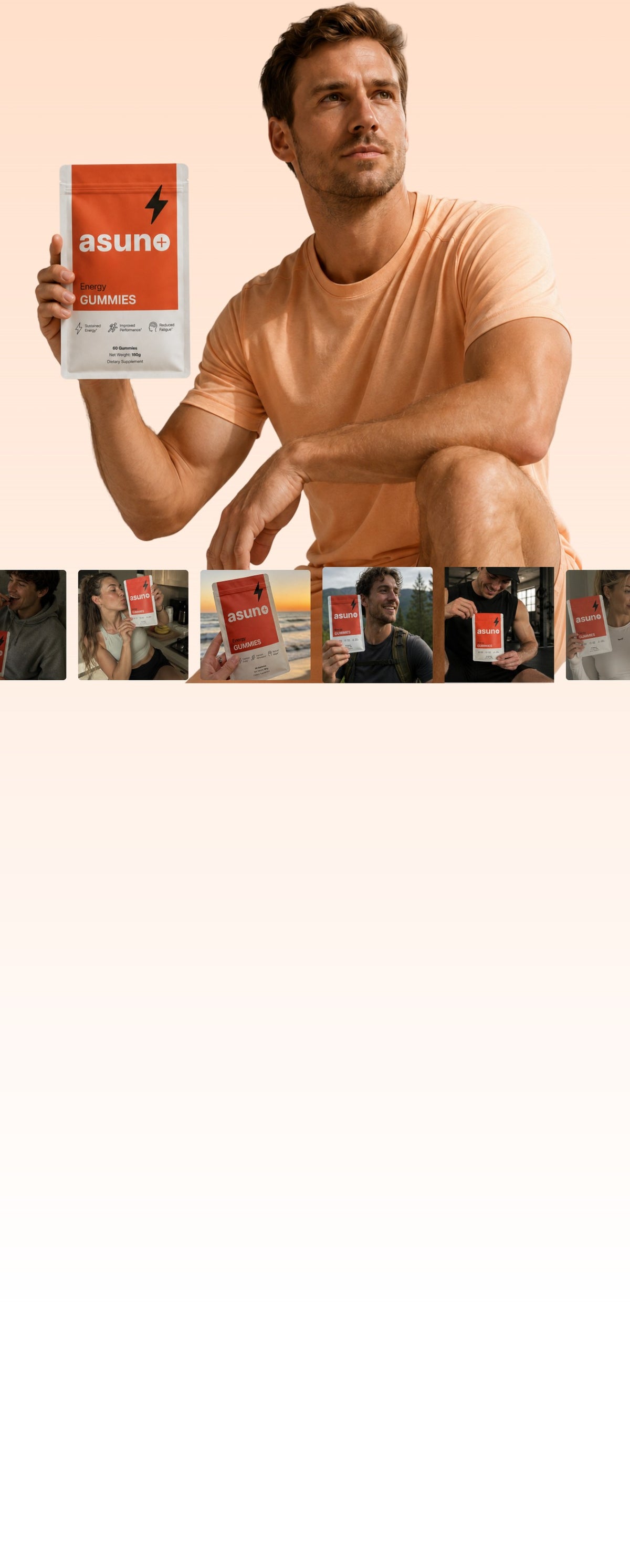 Asuno Energy Gummies pouch held by a man, with customer photos below