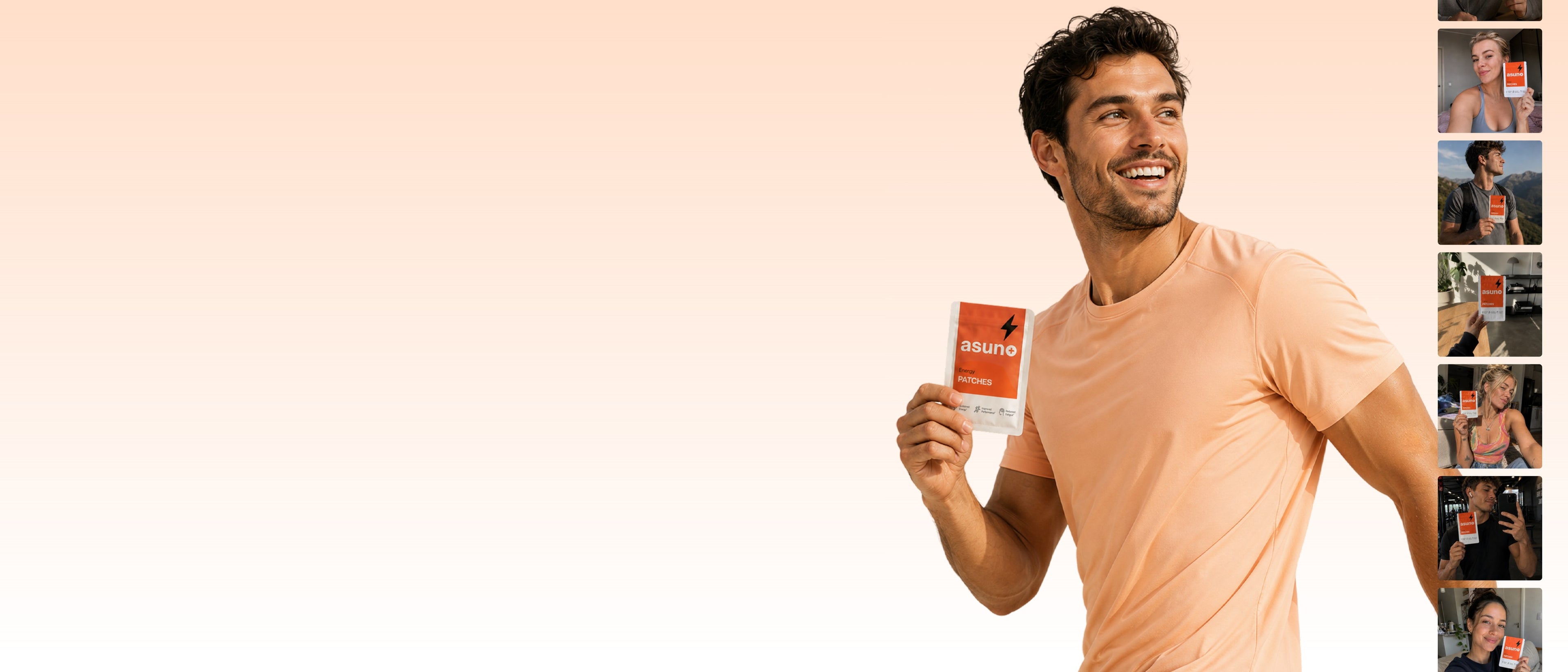 Asuno Energy Patches box held by a smiling man in a peach t-shirt, with customer photos alongside