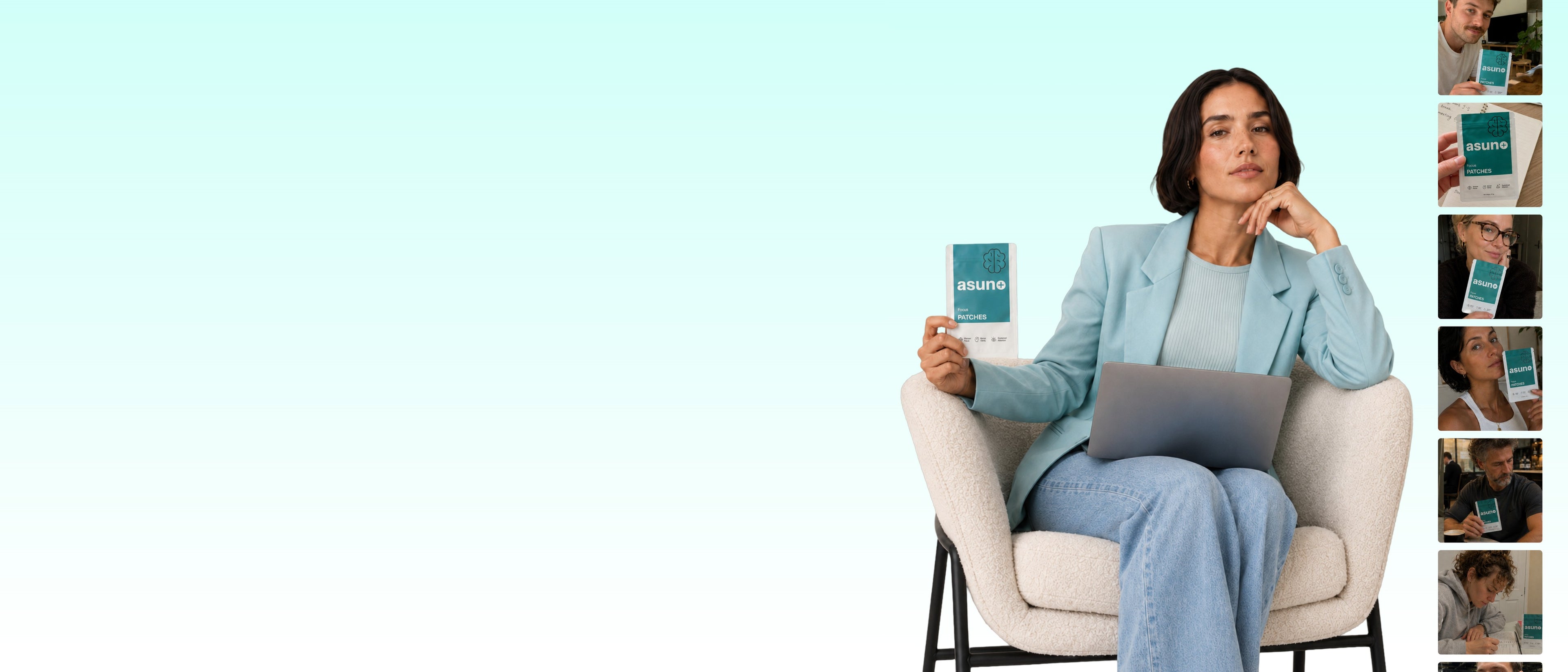Asuno Focus Patches box held by a woman working at a laptop in an armchair, with customer photos alongside