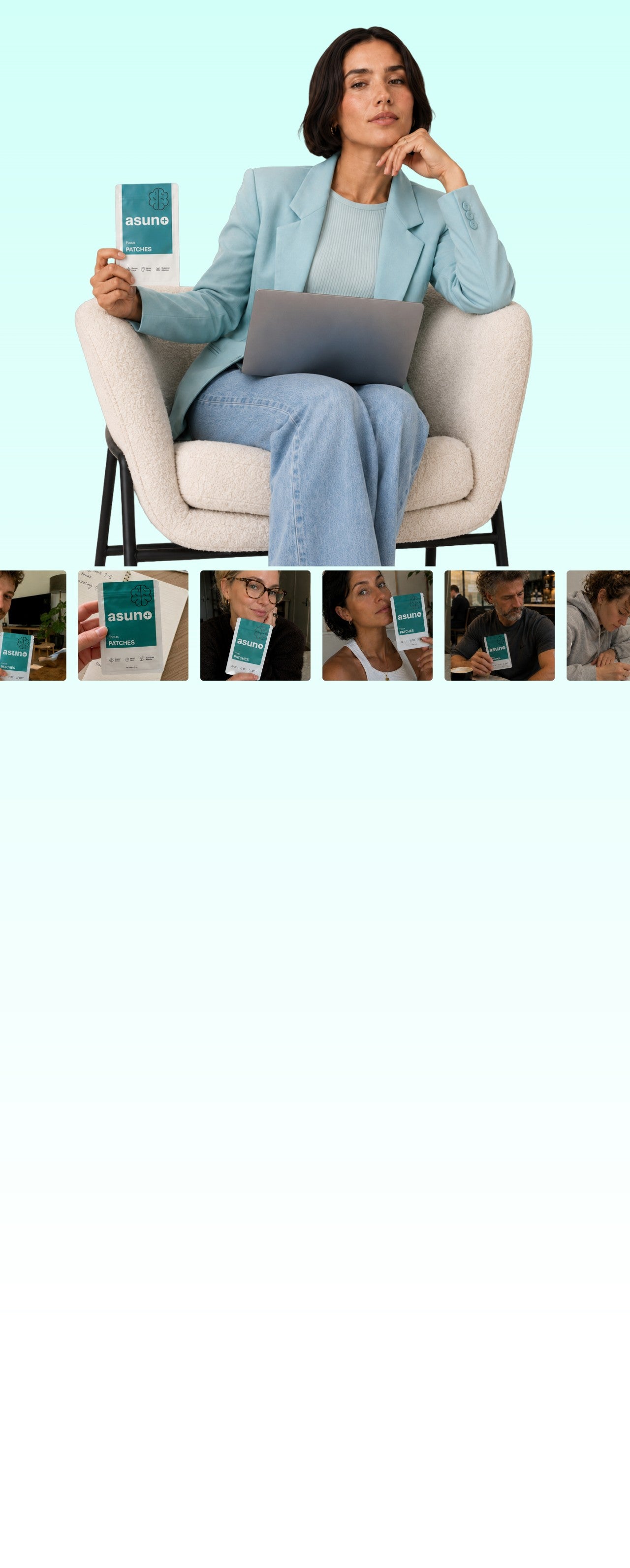 Asuno Focus Patches box held by a woman working at a laptop in an armchair, with customer photos below