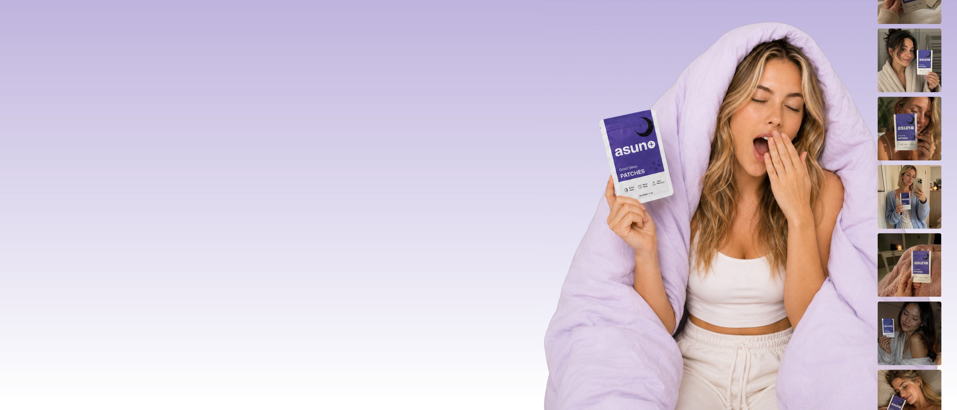 Asuno Good Sleep Patches box held by a yawning woman wrapped in a duvet, with customer photos alongside