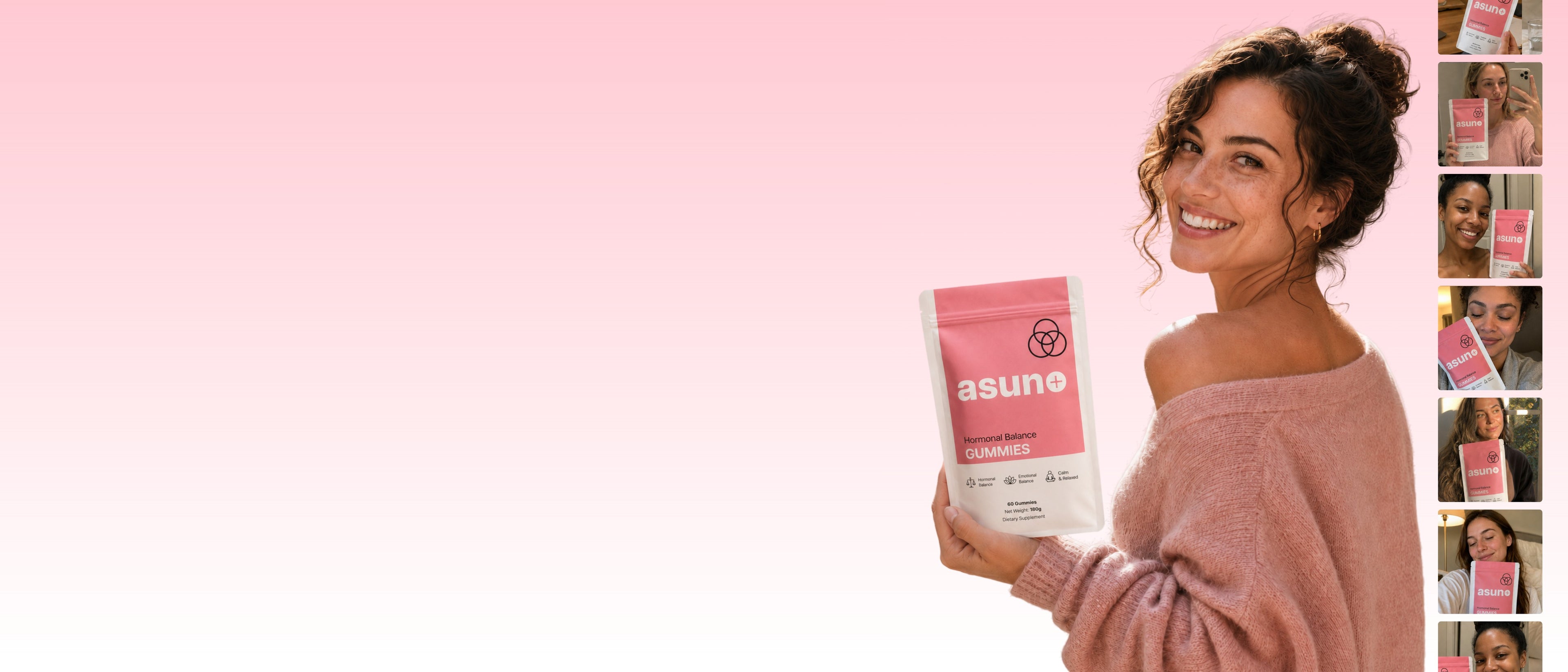 Asuno Hormonal Balance Gummies pouch held by a woman, with customer photos alongside