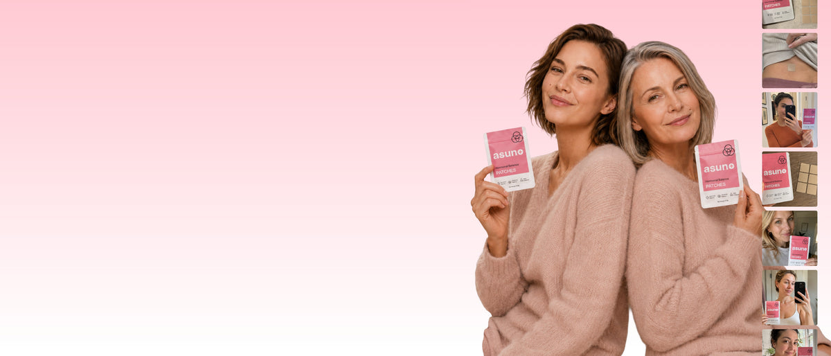 Asuno Hormonal Balance Patches boxes held by two women standing back to back, with customer photos alongside