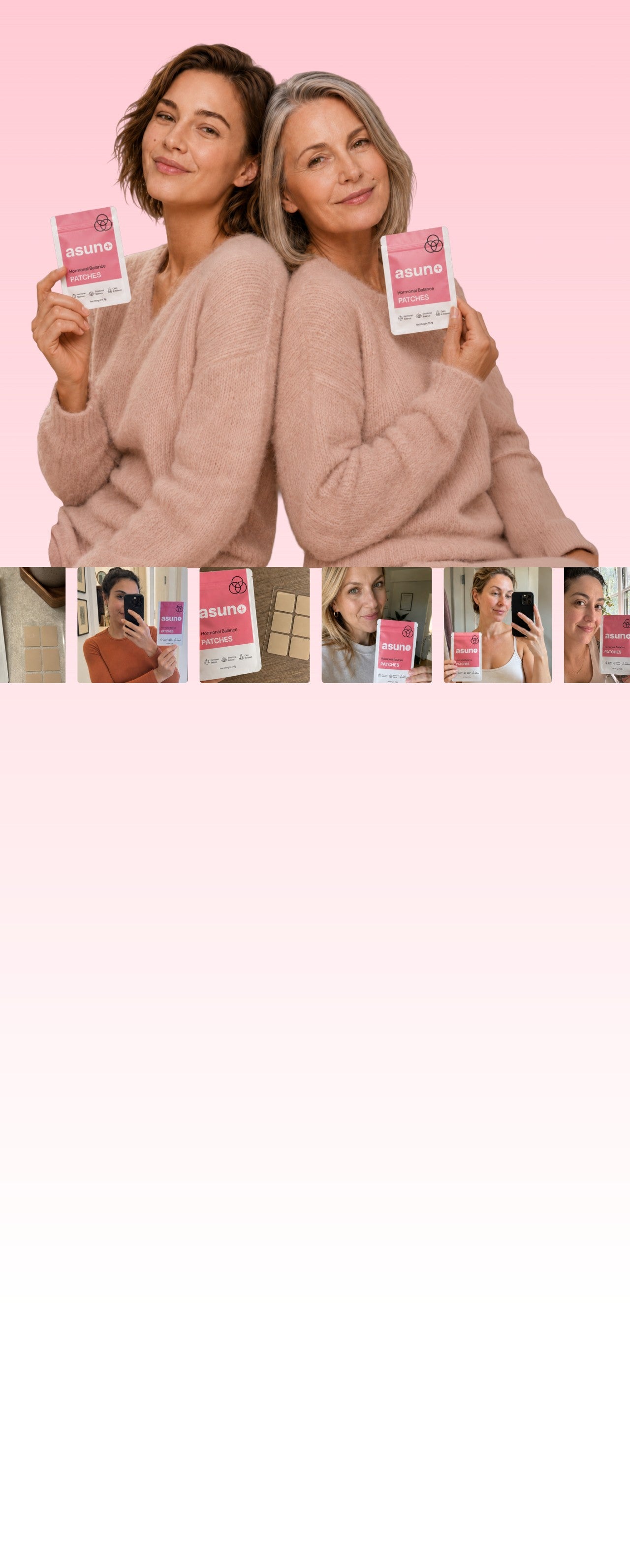 Asuno Hormonal Balance Patches boxes held by two women standing back to back, with customer photos below