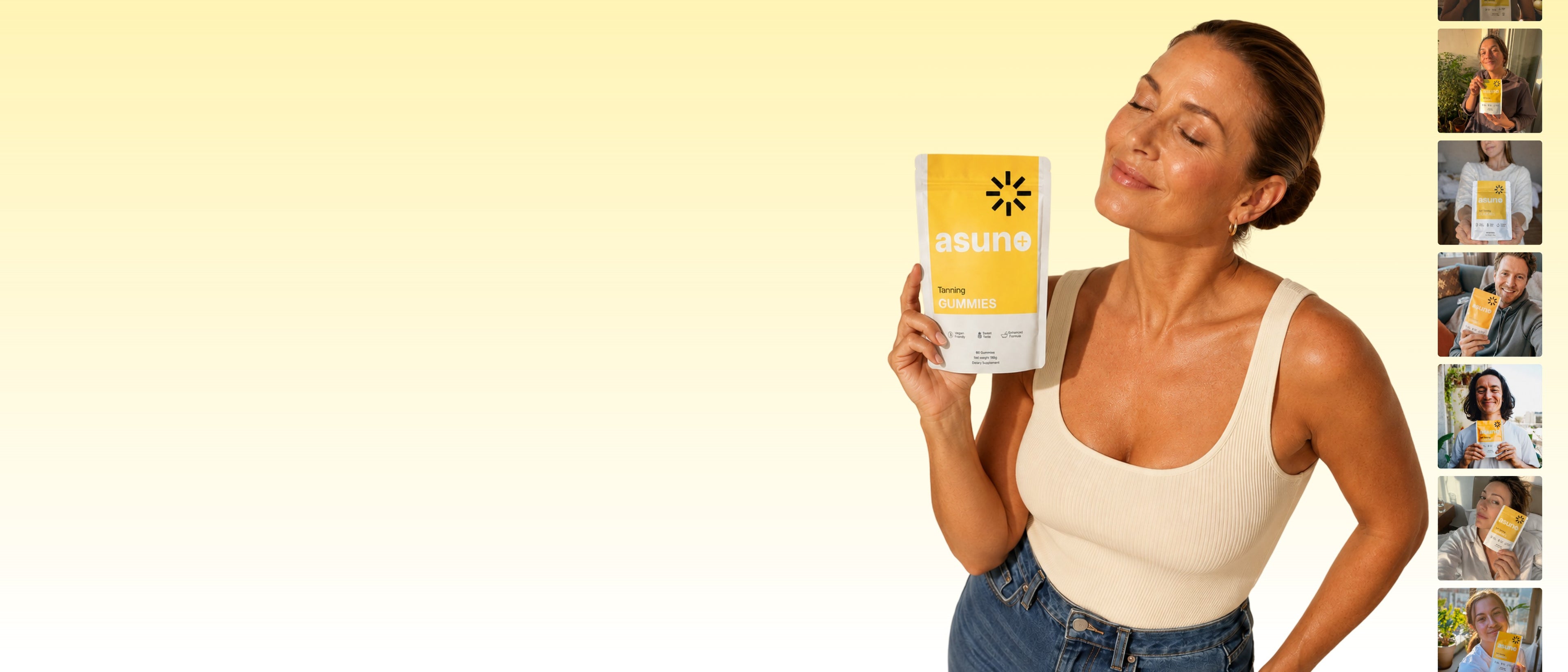 Asuno Tanning Gummies pouch held by a smiling woman in a cream tank top, with customer photos alongside