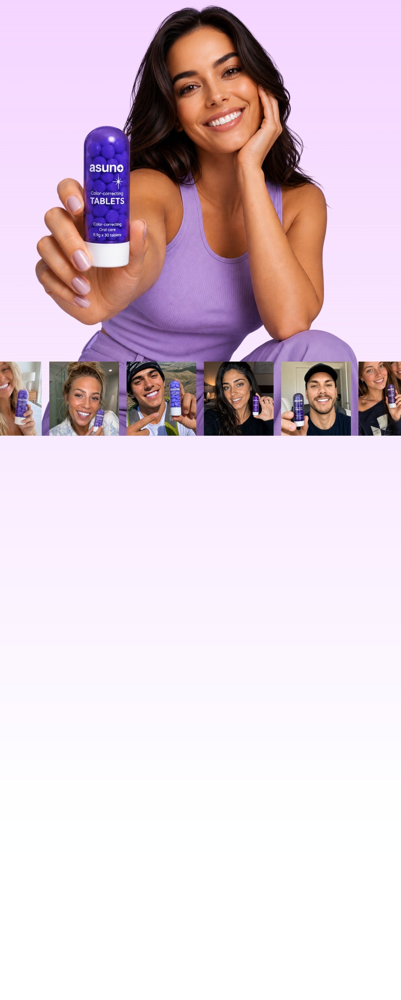 Asuno Color Correcting Tablets bottle held out by a smiling woman in purple, with customer photos below