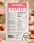 Back of Asuno Hormonal Balance Gummies pouch showing supplement facts and ingredients