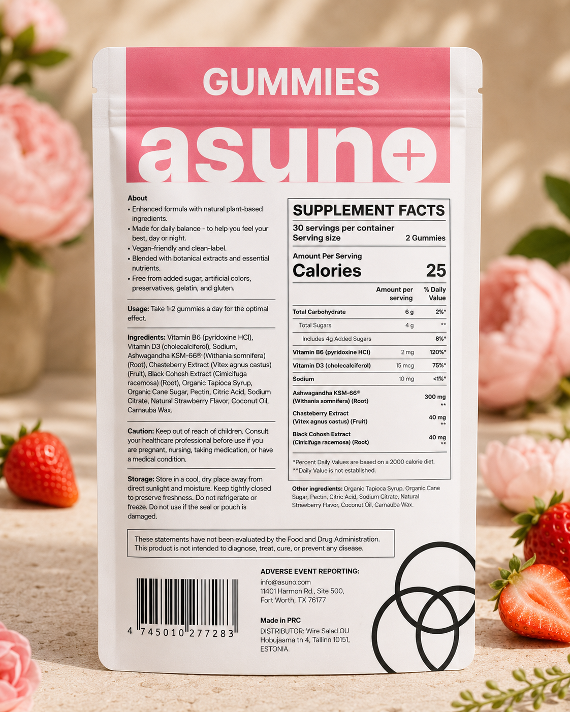 Back of Asuno Hormonal Balance Gummies pouch showing supplement facts and ingredients