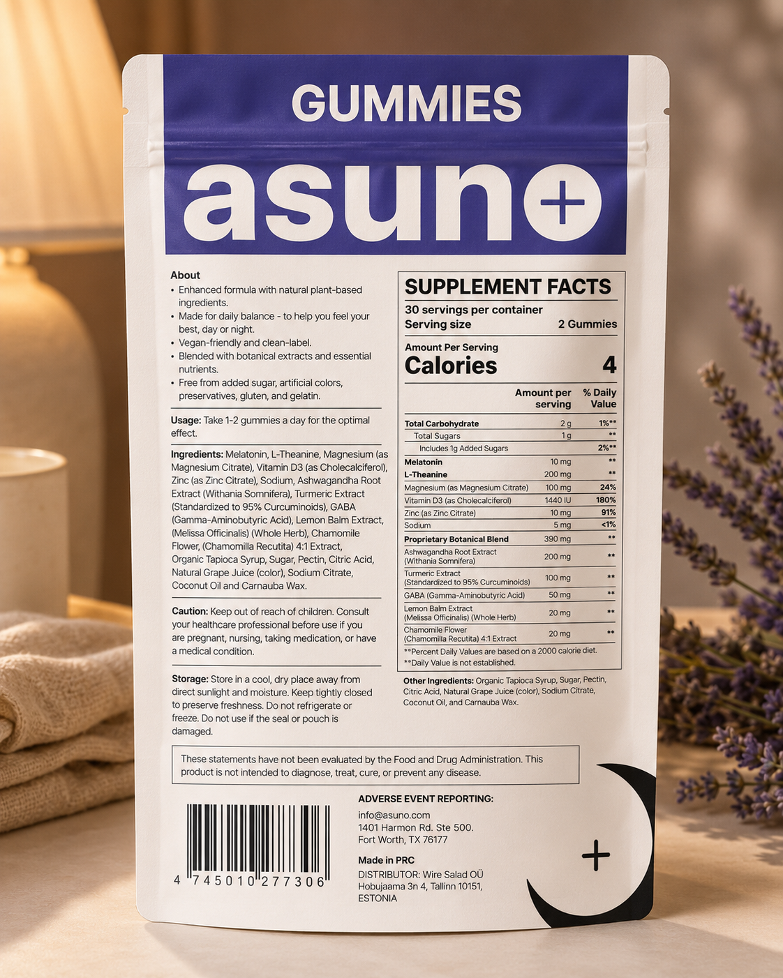 Back of Asuno Good Sleep Gummies pouch showing supplement facts and ingredients