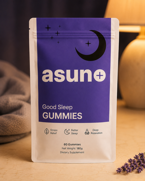 Asuno Good Sleep Gummies pouch on a nightstand with a warm lamp and lavender