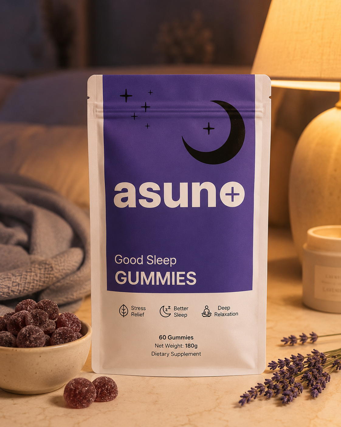 Asuno Good Sleep Gummies pouch in a calm nighttime setting