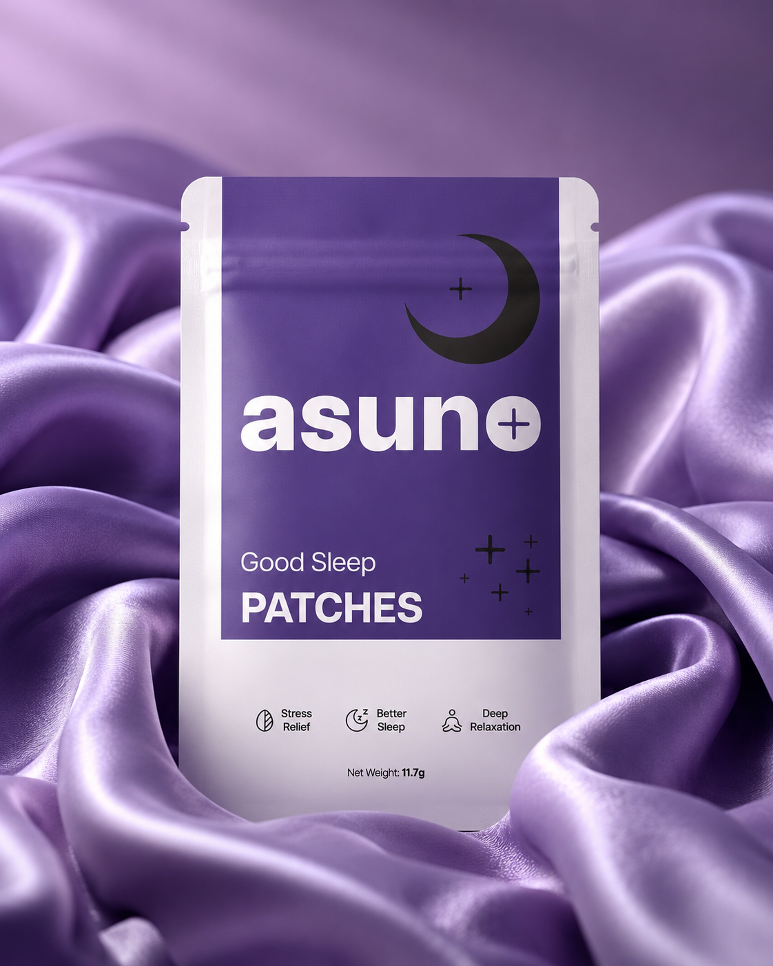 Asuno Good Sleep Patches pouch — purple wearable sleep patch, front