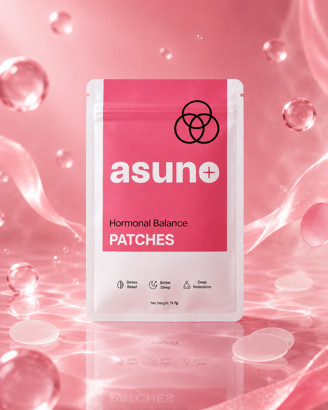 Asuno Hormonal Balance Patches pouch — pink wearable patch, front