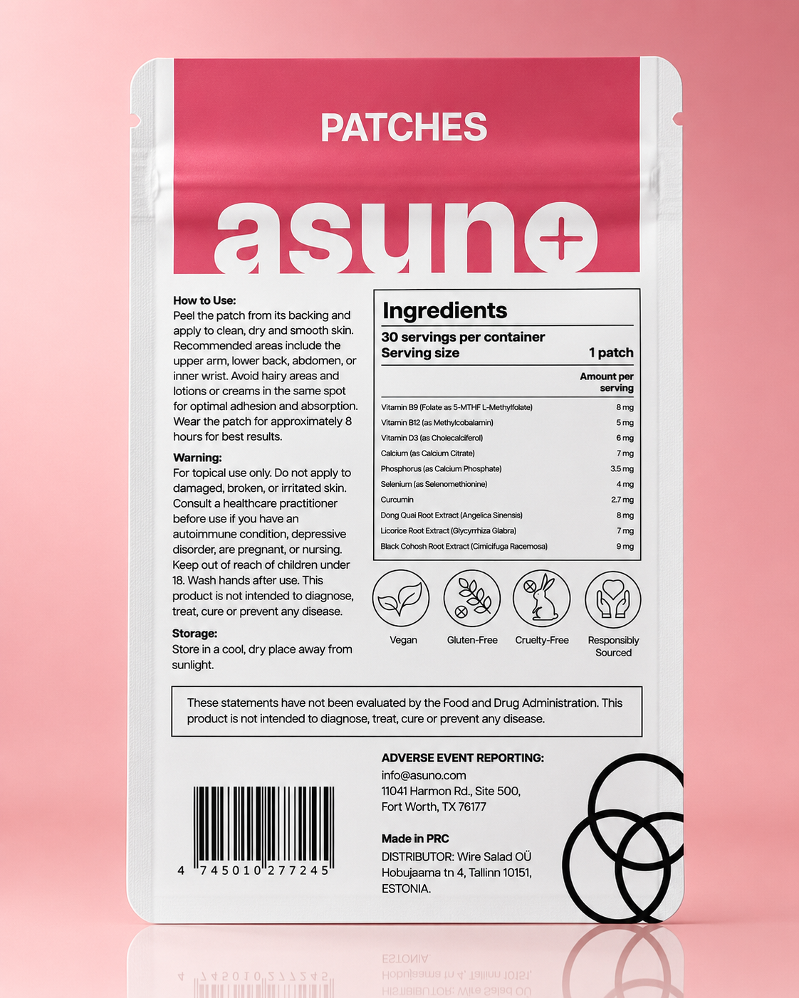 Asuno Hormonal Balance Patches ingredients label — back of pouch