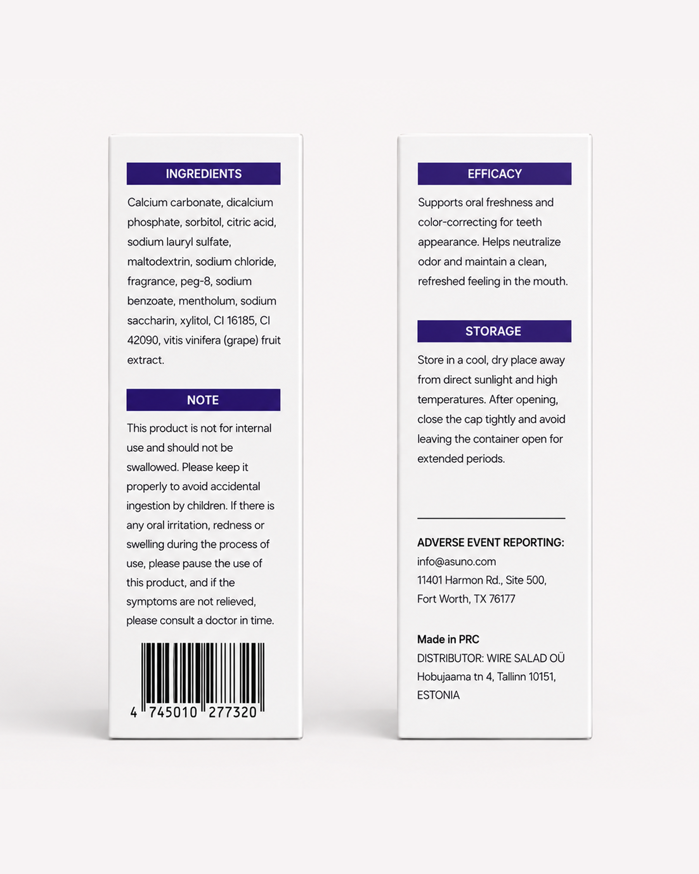 Asuno Color-Correcting Tablets box — back label with ingredients and efficacy