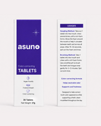 Asuno Color-Correcting Tablets box — front pack and how-to-use directions (chew, gargle, brush)