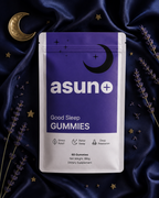 Asuno Good Sleep Gummies pouch in a cozy bedtime flat lay with lavender