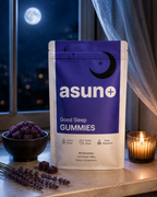 Asuno Good Sleep Gummies pouch styled with lavender and evening props