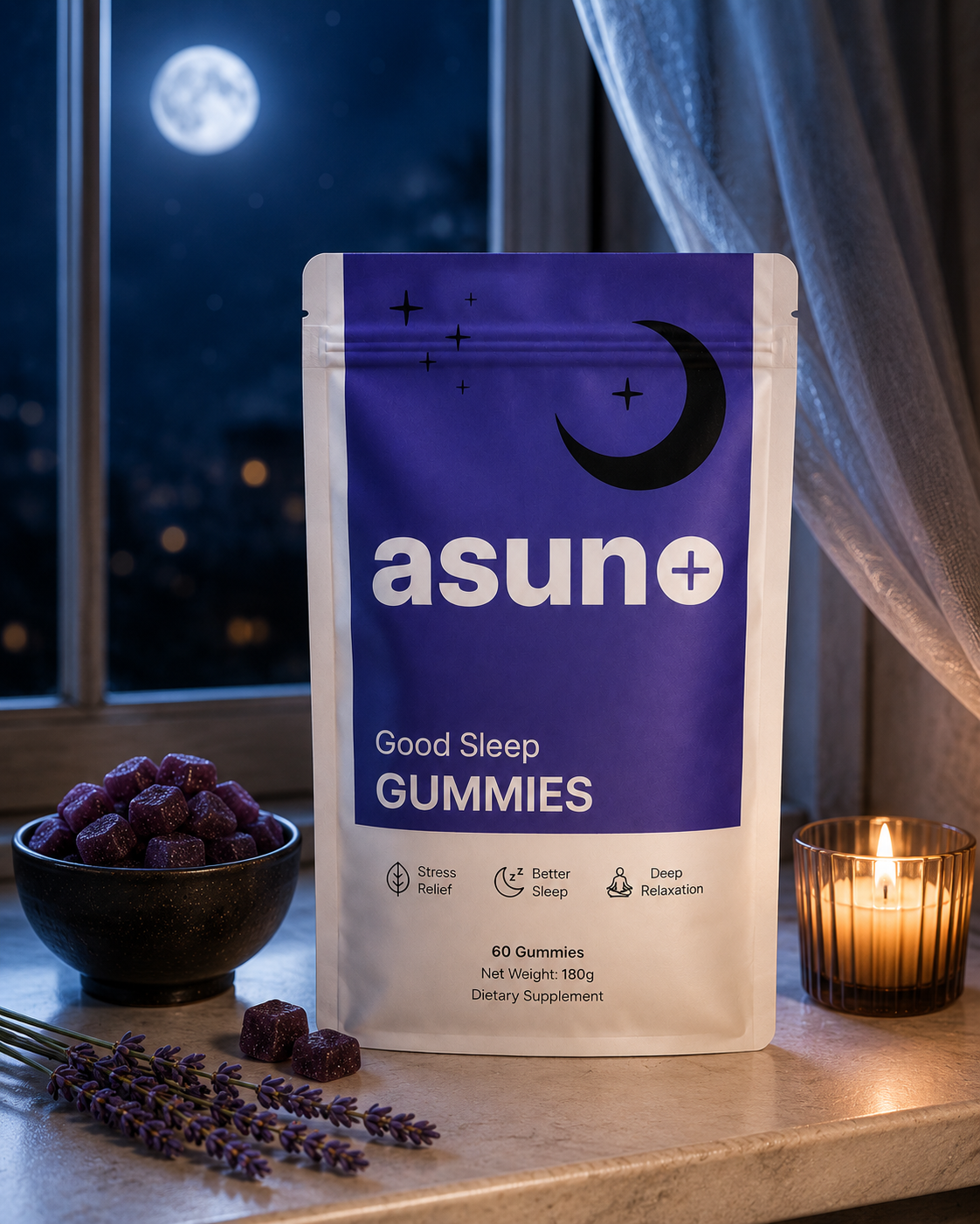 Asuno Good Sleep Gummies pouch styled with lavender and evening props