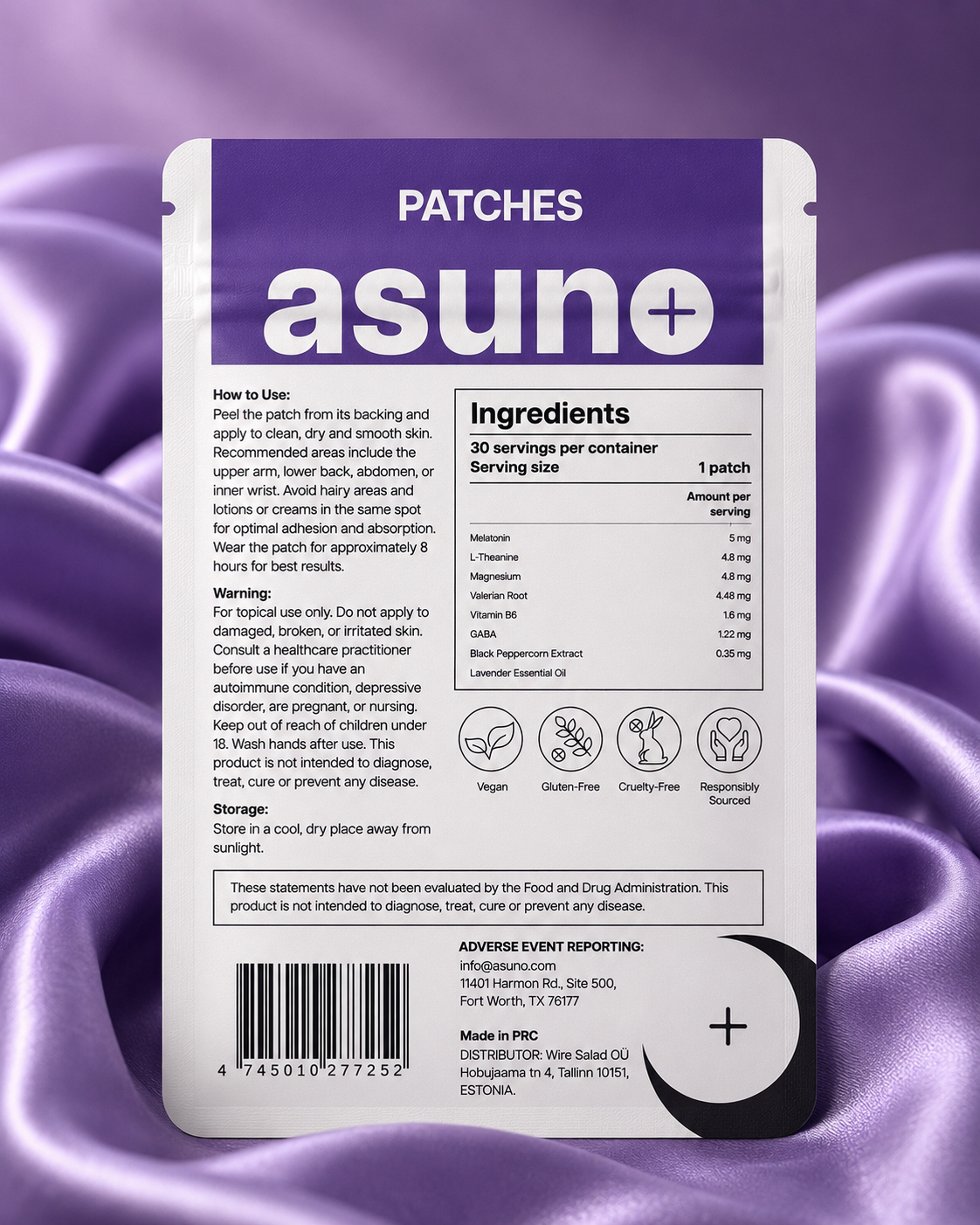 Asuno Good Sleep Patches ingredients label — back of pouch