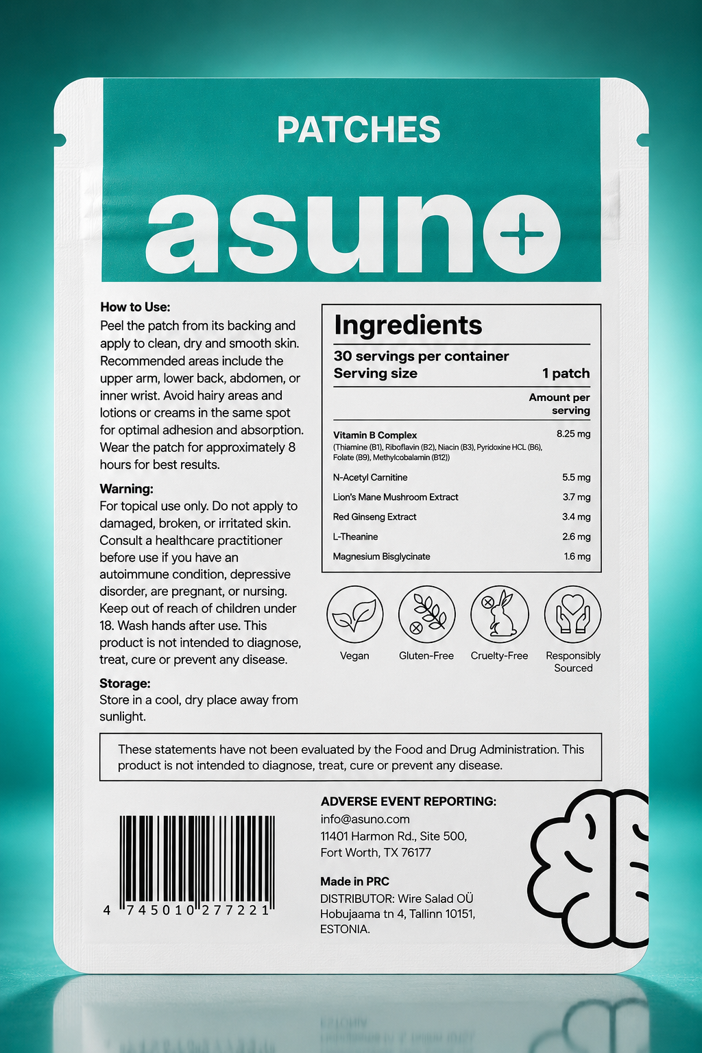 Asuno Focus Patches ingredients label — back of pouch