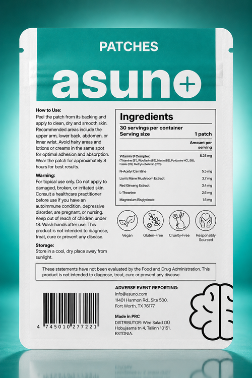 Asuno Focus Patches ingredients label — back of pouch
