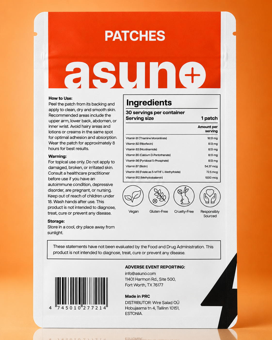Asuno Energy Patches ingredients label — B-complex vitamins, back of pouch