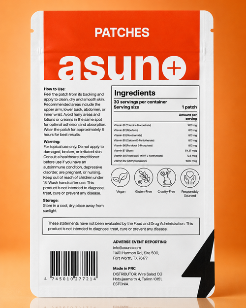 Asuno Energy Patches ingredients label — B-complex vitamins, back of pouch
