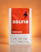 Asuno Energy Patches pouch — orange wearable energy patch, front