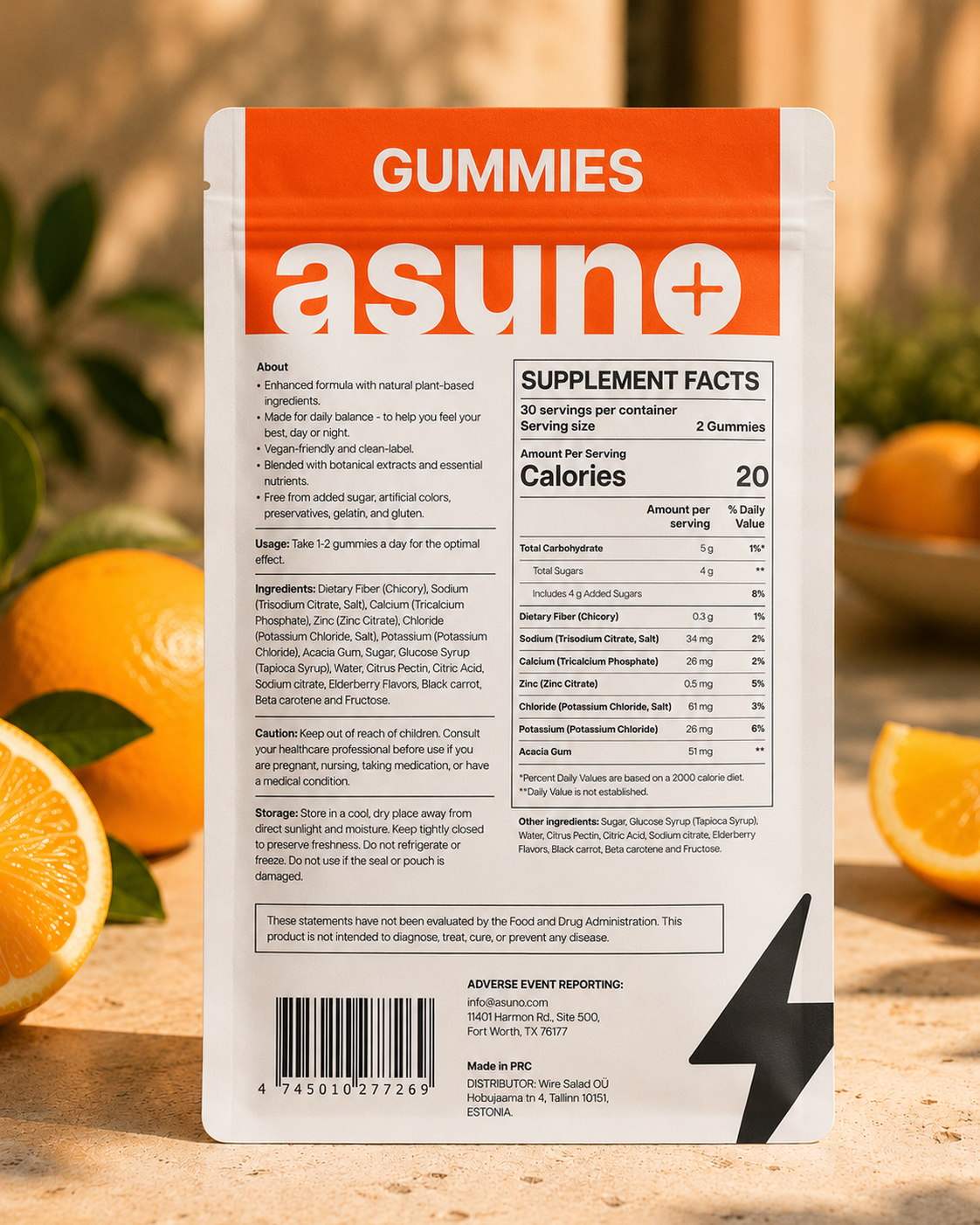 Back of Asuno Energy Gummies pouch showing supplement facts and ingredients