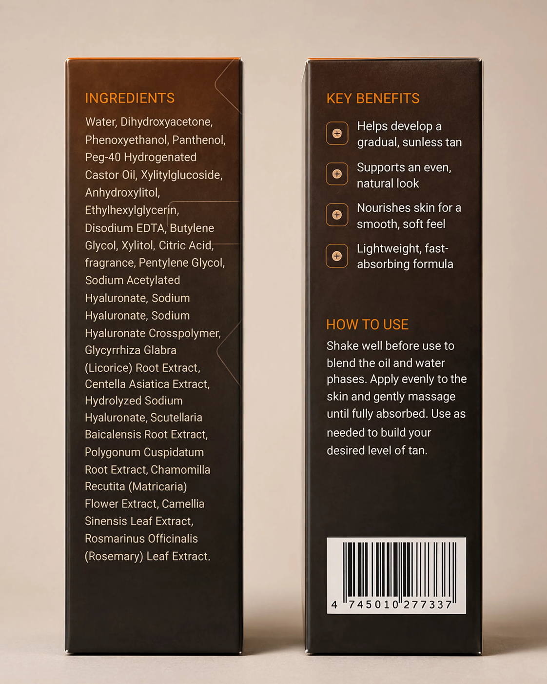 Asuno Self Tanning Oil carton back — full ingredient list, key benefits and how to use