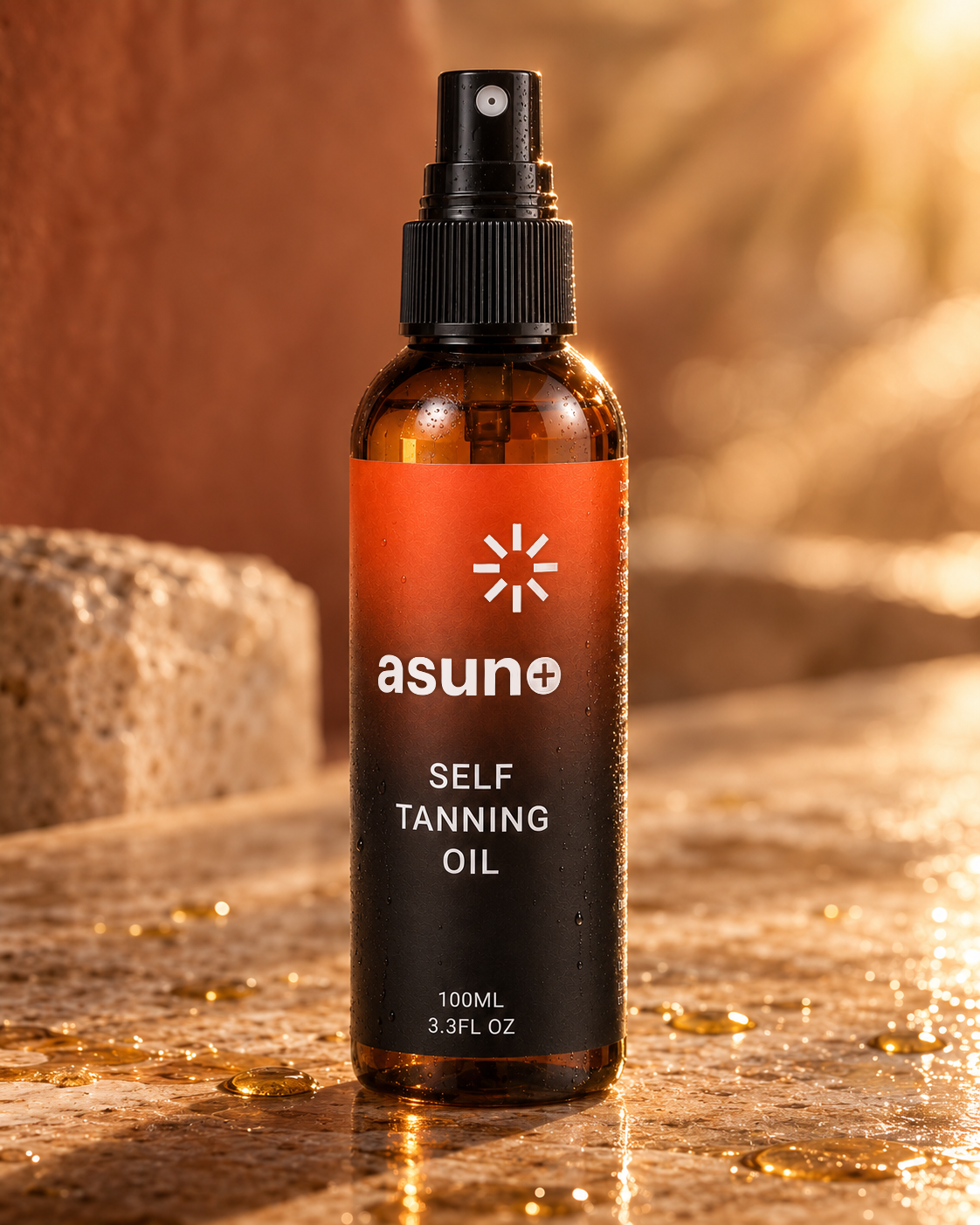 Asuno Self Tanning Oil bottle in golden light on wet stone with oil droplets