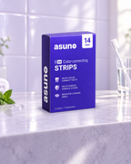 Asuno V34 Color-correcting Strips box on a bathroom counter, 14 strips and 7 treatments