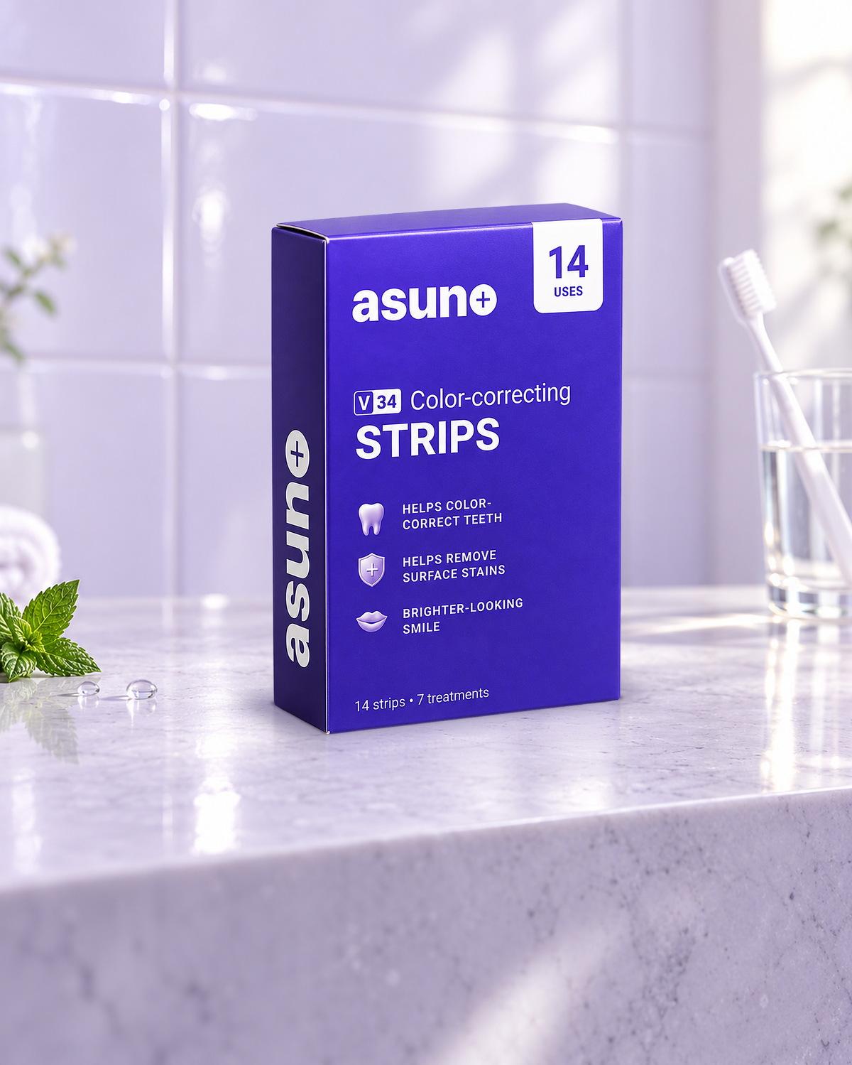 Asuno V34 Color-correcting Strips box on a bathroom counter, 14 strips and 7 treatments
