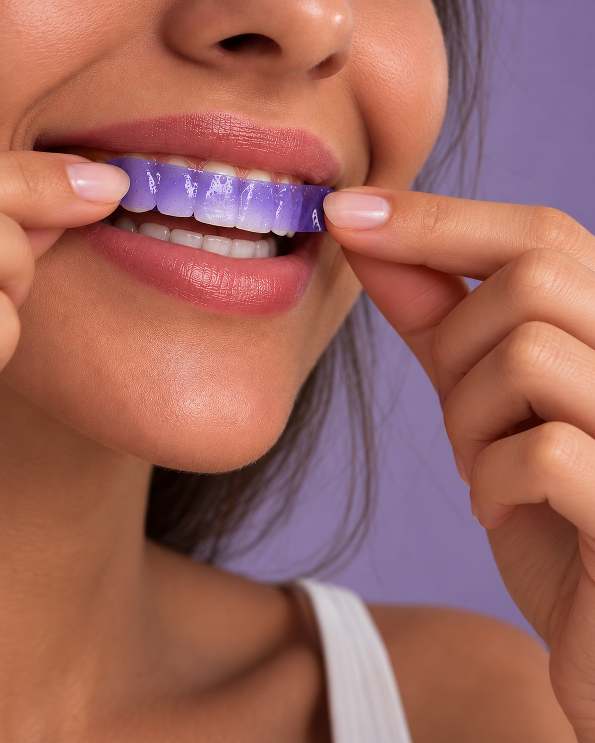 Woman pressing a violet color-correcting strip onto her upper teeth