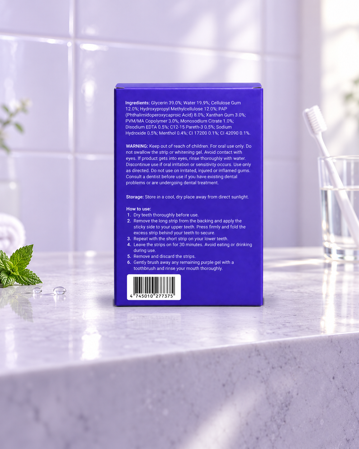 Back of the V34 Color-correcting Strips box with ingredients, warnings and how to use
