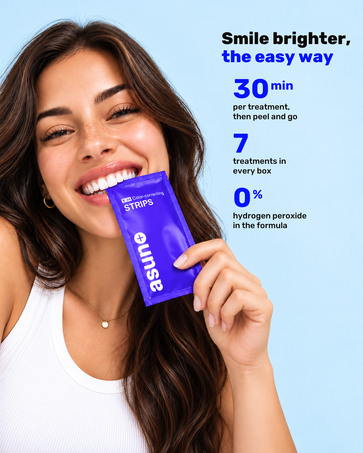 Smiling woman holding a purple Asuno V34 Color-correcting Strips sachet: 30 minutes per treatment, 7 treatments per box, no hydrogen peroxide